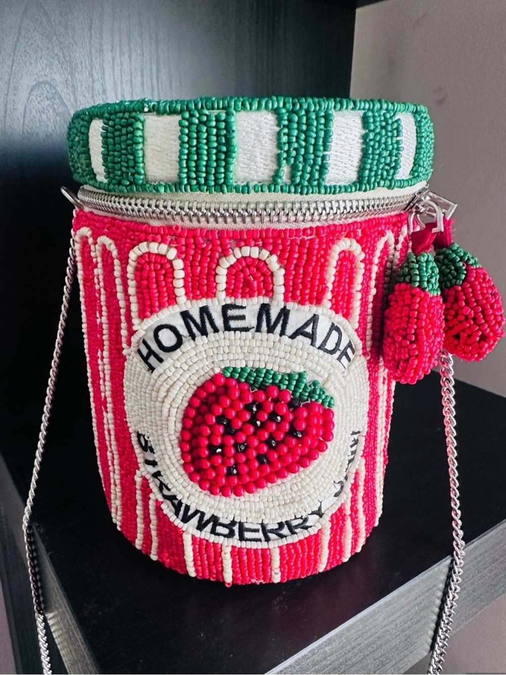 Hand Crafted Red and Green Beaded 'Homemade Strawberry Jam' Bucket Bag